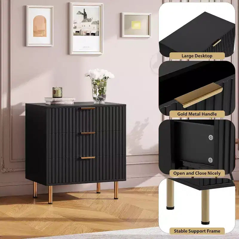 Cómoda de 3 cajones Coolmee para dormitorio, mesita de noche moderna estriada con cajones profundos, cómoda con parte superior ancha, organizador de cómoda de madera, mesa auxiliar