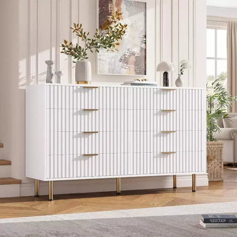 Coolmee cómoda de 8 cajones para dormitorio, cómoda moderna acanalada con cajones profundos, cómoda organizadora de madera para sala de estar, pasillo, habitación de niños