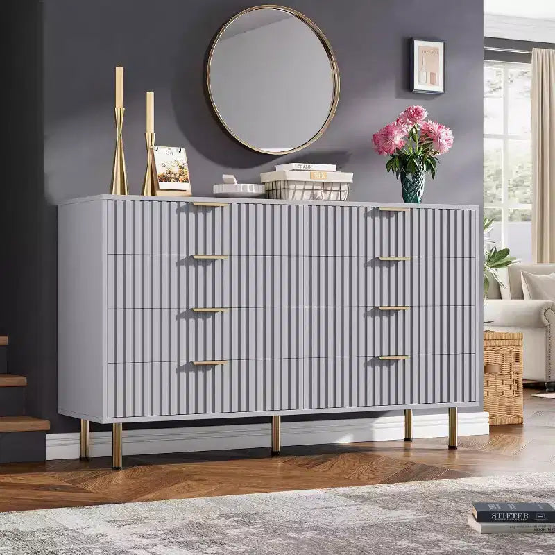 Coolmee cómoda de 8 cajones para dormitorio, cómoda moderna acanalada con cajones profundos, cómoda organizadora de madera para sala de estar, pasillo, habitación de niños
