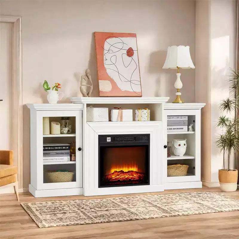 Mueble de TV de 60 pulgadas, mueble de TV estilo rústico con 2 puertas de vidrio, mesa de consola para sala de estar, blanco