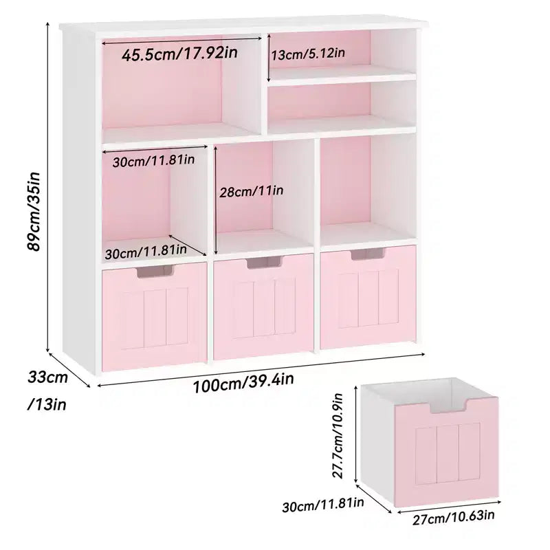 Organizador de almacenamiento de juguetes Estantería para niños con 3 cajones móviles, Estantería para niños pequeños para dormitorio, sala de juegos, guardería (rosa y blanco), fácil montaje