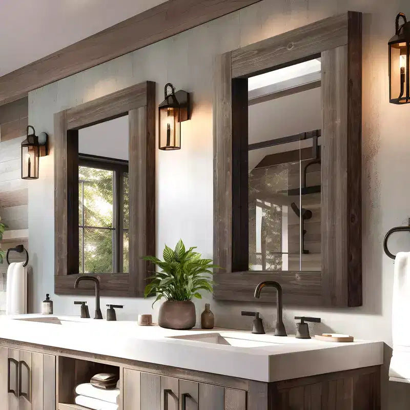 Pexfix Espejo de baño rústico con marco de madera maciza para dormitorio, sala de estar, entrada, decoración de pared