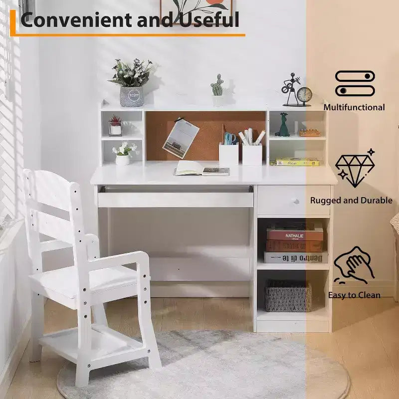 Juego de escritorio de estudio Acekool para niños con tablón de anuncios, cajón para teclado y almacenamiento - Mesa y silla de aprendizaje para edades de 3 a 8 años