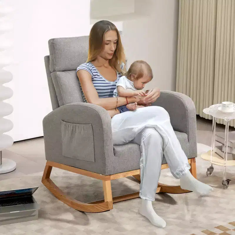 Mecedora de guardería, sillón deslizante tapizado con bolsillo lateral, sillón decorativo cómodo de respaldo alto con patas de madera de caucho para dormitorio o sala de estar