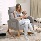 Mecedora de guardería, sillón deslizante tapizado con bolsillo lateral, sillón decorativo cómodo de respaldo alto con patas de madera de caucho para dormitorio o sala de estar