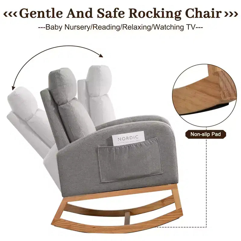 Mecedora de guardería, sillón deslizante tapizado con bolsillo lateral, sillón decorativo cómodo de respaldo alto con patas de madera de caucho para dormitorio o sala de estar