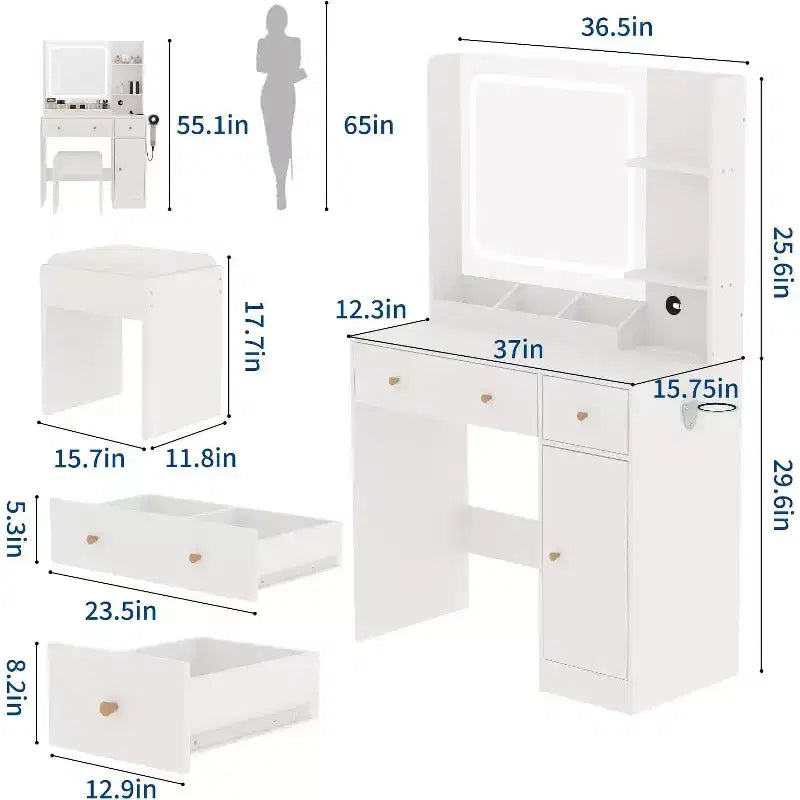 Tocador de maquillaje con cajones, estantes, mueble y silla, 3 modos de iluminación y brillo ajustable, mesa de tocador para dormitorio