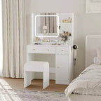 Tocador de maquillaje con cajones, estantes, mueble y silla, 3 modos de iluminación y brillo ajustable, mesa de tocador para dormitorio