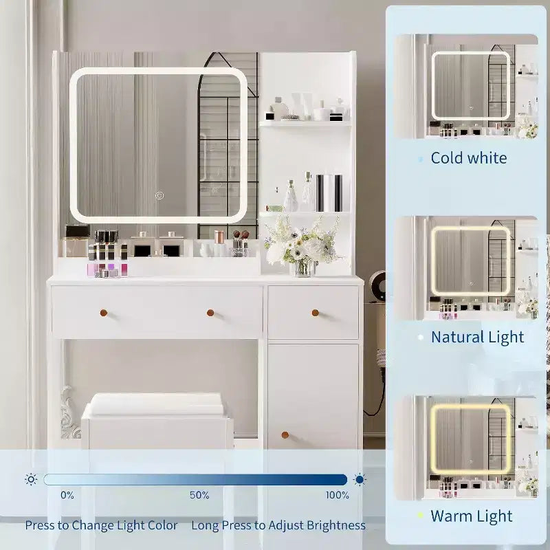 Tocador de maquillaje con cajones, estantes, mueble y silla, 3 modos de iluminación y brillo ajustable, mesa de tocador para dormitorio