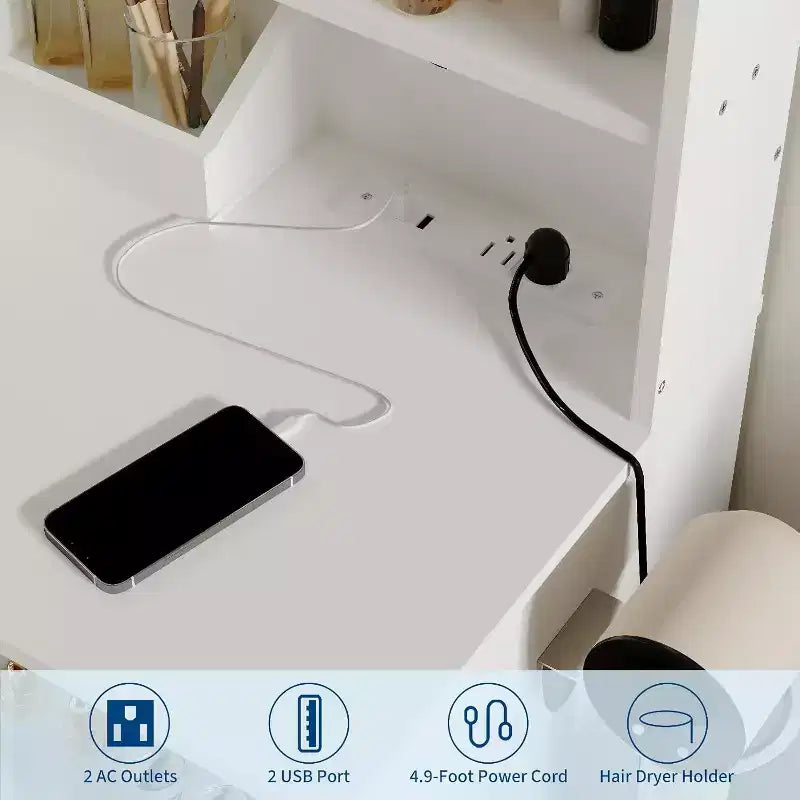 Tocador de maquillaje con cajones, estantes, mueble y silla, 3 modos de iluminación y brillo ajustable, mesa de tocador para dormitorio