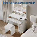 Tocador de maquillaje con cajones, estantes, mueble y silla, 3 modos de iluminación y brillo ajustable, mesa de tocador para dormitorio