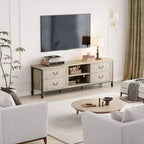 Mueble de TV moderno de mediados de siglo de 70 pulgadas con almacenamiento, centro de entretenimiento con columnas romanas de metal y cajón, mesa consola de TV para sala de estar