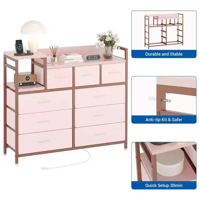 Cómoda de dormitorio de 9 cajones y soporte para TV | Multifuncional con estación de carga incorporada, cómoda alta para organización de armarios, apartamentos
