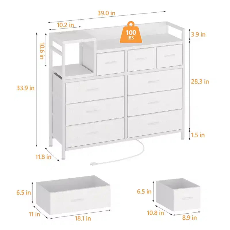 Cómoda de dormitorio de 9 cajones y soporte para TV | Multifuncional con estación de carga incorporada, cómoda alta para organización de armarios, apartamentos