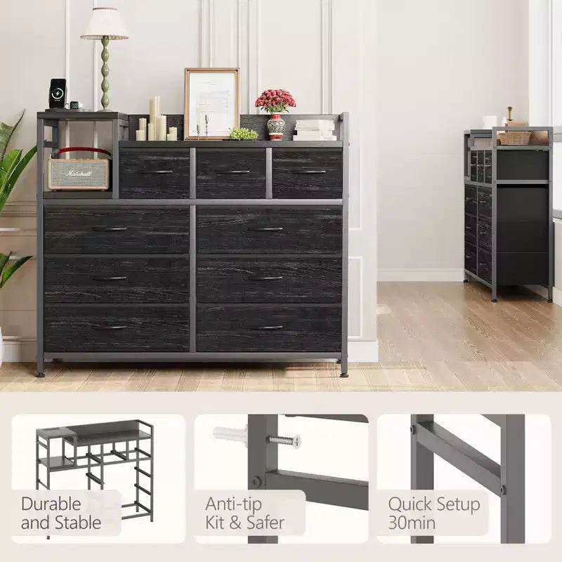Cómoda de dormitorio de 9 cajones y soporte para TV | Multifuncional con estación de carga incorporada, cómoda alta para organización de armarios, apartamentos