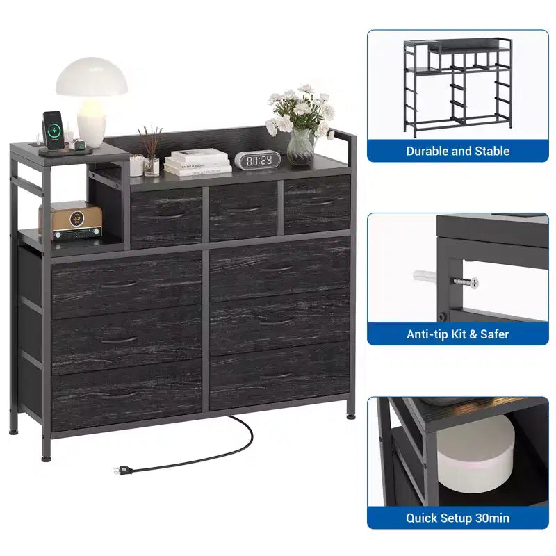Cómoda de dormitorio de 9 cajones y soporte para TV | Multifuncional con estación de carga incorporada, cómoda alta para organización de armarios, apartamentos