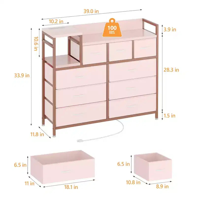 Cómoda de dormitorio de 9 cajones y soporte para TV | Multifuncional con estación de carga incorporada, cómoda alta para organización de armarios, apartamentos