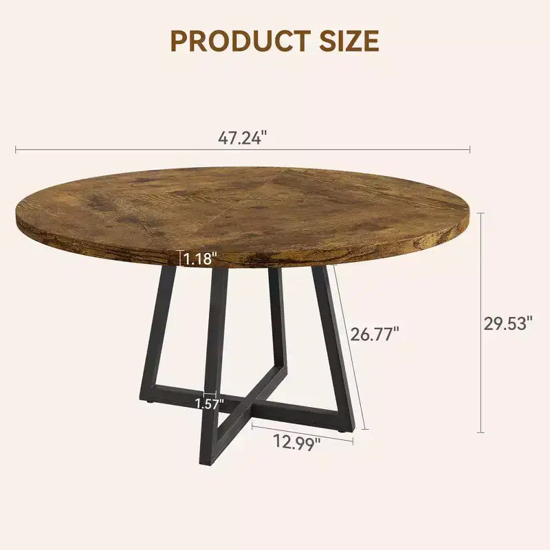 Mesa de comedor redonda industrial COZONY 47 para 4 personas, tablero de madera rústico marrón con base de metal, mesa de cocina y comedor moderna, sin sillas