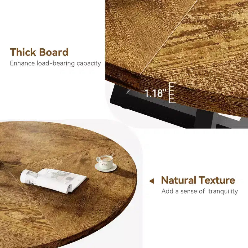 Mesa de comedor redonda industrial COZONY 47 para 4 personas, tablero de madera rústico marrón con base de metal, mesa de cocina y comedor moderna, sin sillas