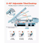 VEVOR Set de Escritorio y Silla de Estudio para Niños, Escritorio y Silla de Estudio con Lámpara de Mesa, Altura Ajustable y Escritorio Inclinable 0-40, Azul