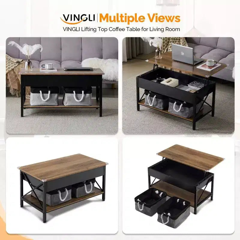 Mesa de centro con tablero rectangular P2 de color marrón, marco metálico ajustable en forma de X, y panel lateral de madera negra.