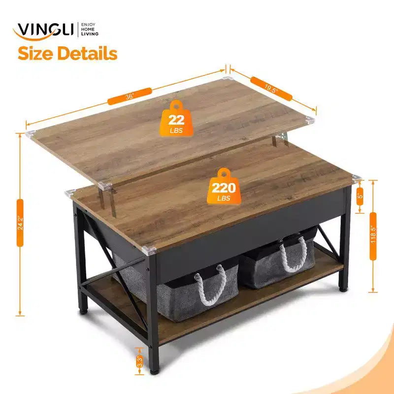 Mesa de centro con tablero rectangular P2 de color marrón, marco metálico ajustable en forma de X, y panel lateral de madera negra.
