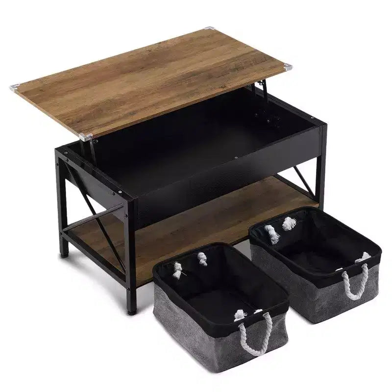 Mesa de centro con tablero rectangular P2 de color marrón, marco metálico ajustable en forma de X, y panel lateral de madera negra.