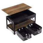 Mesa de centro con tablero rectangular P2 de color marrón, marco metálico ajustable en forma de X, y panel lateral de madera negra.