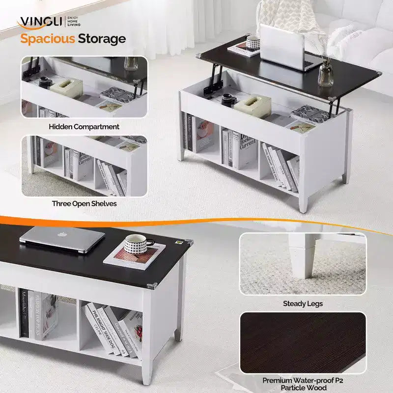Mesa de centro con patas ajustables de madera maciza, marco blanco de doble capa, tablero marrón claro con acabado de veta de madera, tablero rectangular P2