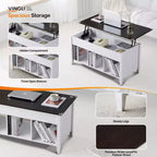 Mesa de centro con patas ajustables de madera maciza, marco blanco de doble capa, tablero marrón claro con acabado de veta de madera, tablero rectangular P2
