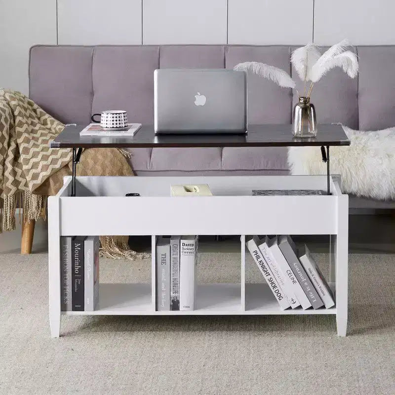 Mesa de centro con patas ajustables de madera maciza, marco blanco de doble capa, tablero marrón claro con acabado de veta de madera, tablero rectangular P2
