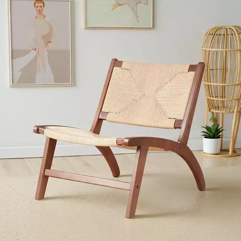 MAYEERTY Sillón Moderno Boho - Madera de Haya Escandinava, Asiento y Respaldo Trenzado de Yute (Ámbar Claro-Beige)