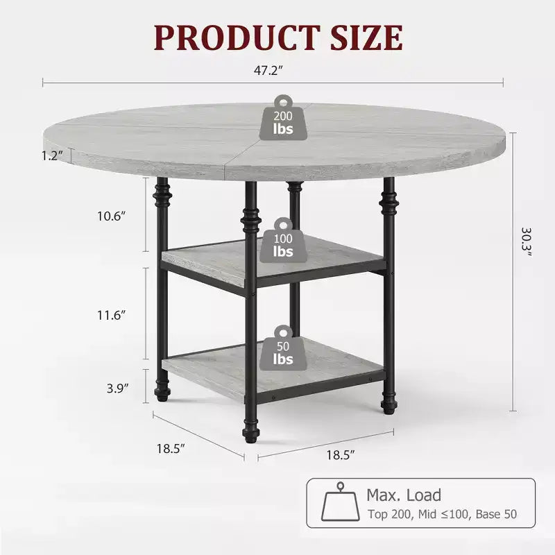 Mesa de Comedor Redonda de 47 Pulgadas para 6 Personas, Mesa de Cocina de Madera con Estantes de Almacenamiento y Patas de Metal Estilo Romano para Comedor, Cocina, Sala de Estar (Solo la Mesa)