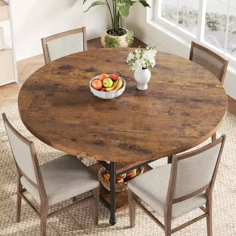 Mesa de Comedor Redonda de 47 Pulgadas para 6 Personas, Mesa de Cocina de Madera con Estantes de Almacenamiento y Patas de Metal Estilo Romano para Comedor, Cocina, Sala de Estar (Solo la Mesa)
