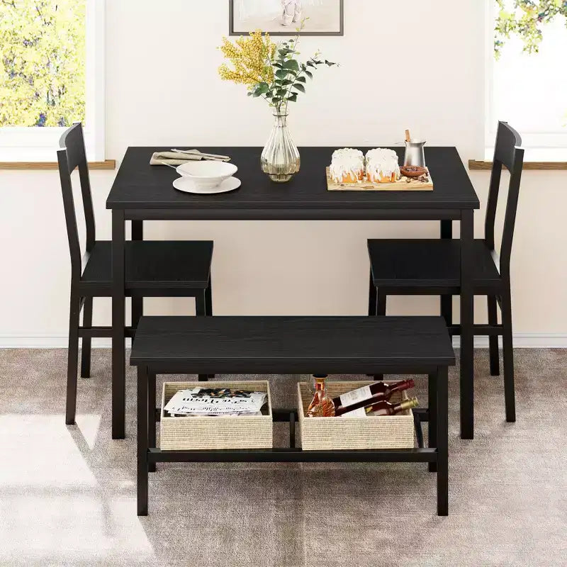 Juego de mesa de comedor para 4 personas, mesa de cocina moderna con sillas y banco para espacios pequeños, juego de mesa de comedor con estructura de metal y estante de almacenamiento, para apartamento