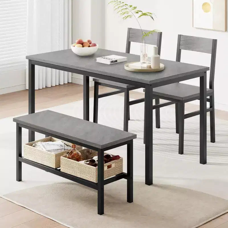 Juego de mesa de comedor para 4 personas, mesa de cocina moderna con sillas y banco para espacios pequeños, juego de mesa de comedor con estructura de metal y estante de almacenamiento, para apartamento