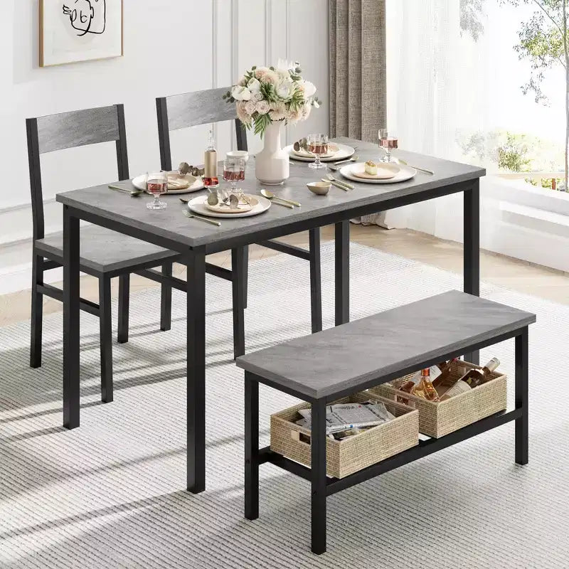 Juego de mesa de comedor para 4 personas, mesa de cocina moderna con sillas y banco para espacios pequeños, juego de mesa de comedor con estructura de metal y estante de almacenamiento, para apartamento