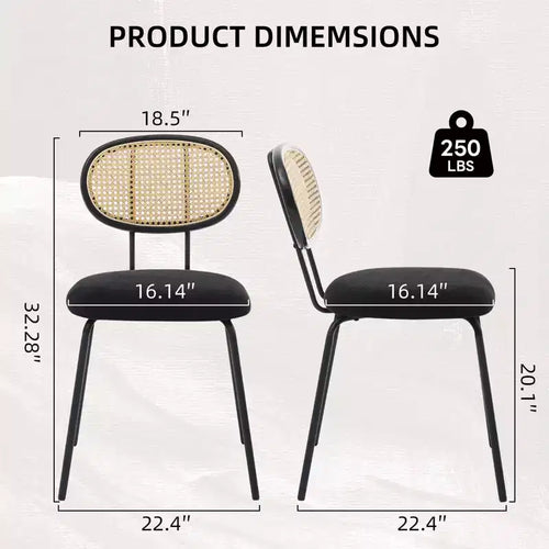 Juego de 2 sillas de comedor, modernas sillas de comedor tapizadas en terciopelo con respaldo de ratán y patas de metal resistentes