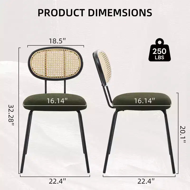 Juego de 2 sillas de comedor, modernas sillas de comedor tapizadas en terciopelo con respaldo de ratán y patas de metal resistentes