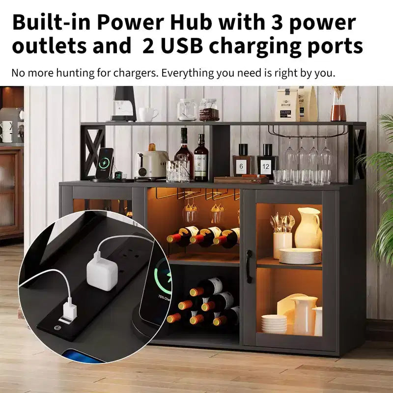 TROPOW Mueble bar, mueble para licores con tomas de corriente y luces LED - Soporte para copas/botellero, barra de café