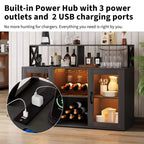 TROPOW Mueble bar, mueble para licores con tomas de corriente y luces LED - Soporte para copas/botellero, barra de café