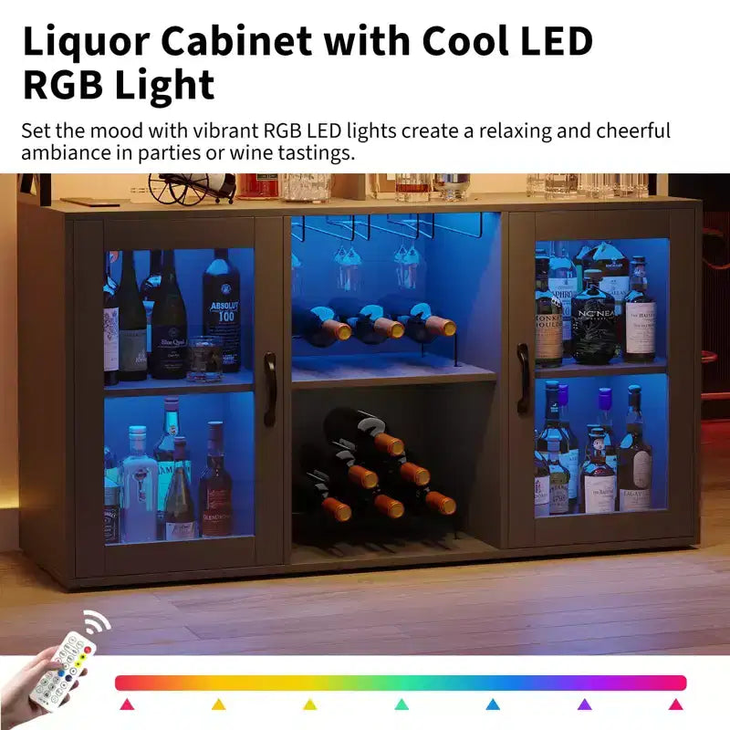 TROPOW Mueble bar, mueble para licores con tomas de corriente y luces LED - Soporte para copas/botellero, barra de café