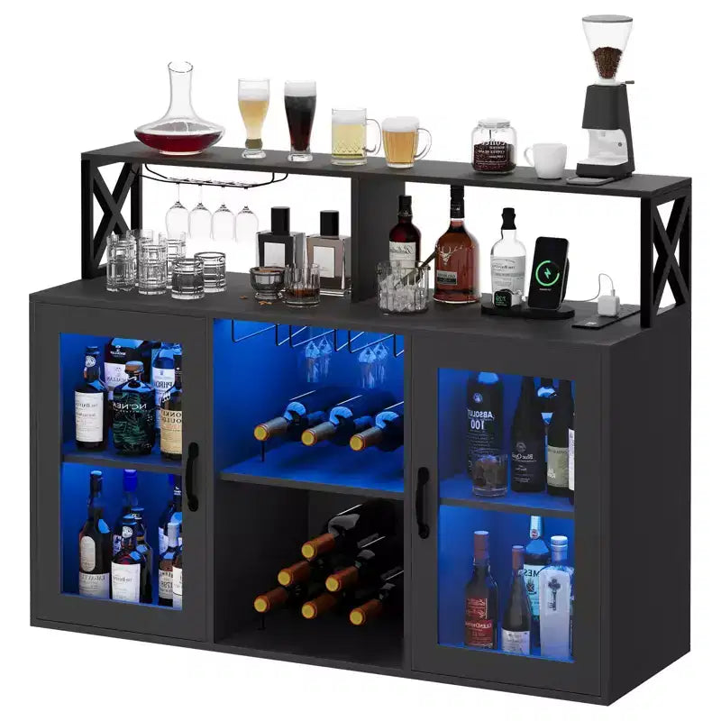 TROPOW Bar Cabinet, Liquor Cabinet with Power Outlets & LED Lights - Glass Holder/Wine Racks, Coffee Bar