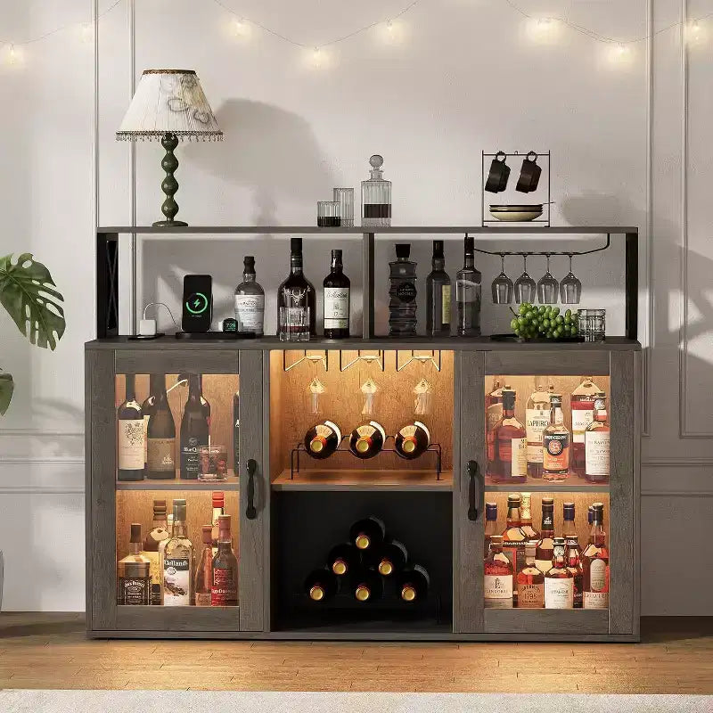 TROPOW Mueble bar, mueble para licores con tomas de corriente y luces LED - Soporte para copas/botellero, barra de café