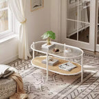 Mesa de centro ovalada de cristal Acekool, cristal templado con diseño de ondas, estante de almacenamiento de ratán, marco de metal estilo bohemio rústico