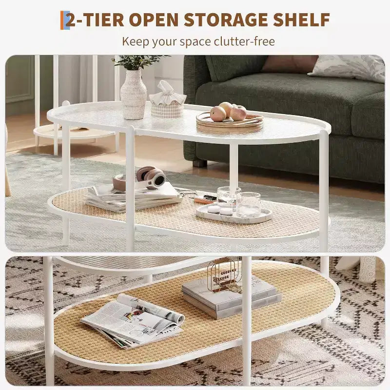 Mesa de centro ovalada de cristal Acekool, cristal templado con diseño de ondas, estante de almacenamiento de ratán, marco de metal estilo bohemio rústico