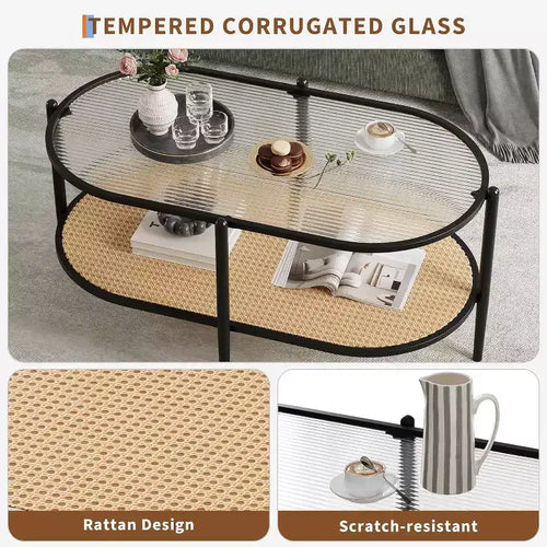 Mesa de centro ovalada de cristal Acekool, cristal templado con diseño de ondas, estante de almacenamiento de ratán, marco de metal estilo bohemio rústico