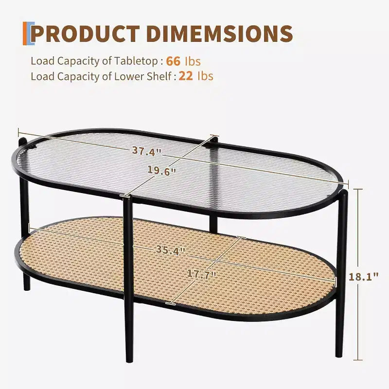 Mesa de centro ovalada de cristal Acekool, cristal templado con diseño de ondas, estante de almacenamiento de ratán, marco de metal estilo bohemio rústico