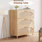 Cómoda de ratán de 3 cajones - Gabinete de almacenamiento de madera moderno para dormitorio y sala de estar