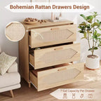 Cómoda de ratán de 3 cajones - Gabinete de almacenamiento de madera moderno para dormitorio y sala de estar
